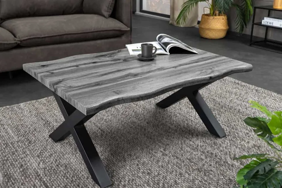 Industrial Couchtisch WILD 90cm grau Wildeichen-Design schwarz Metall Baumkante