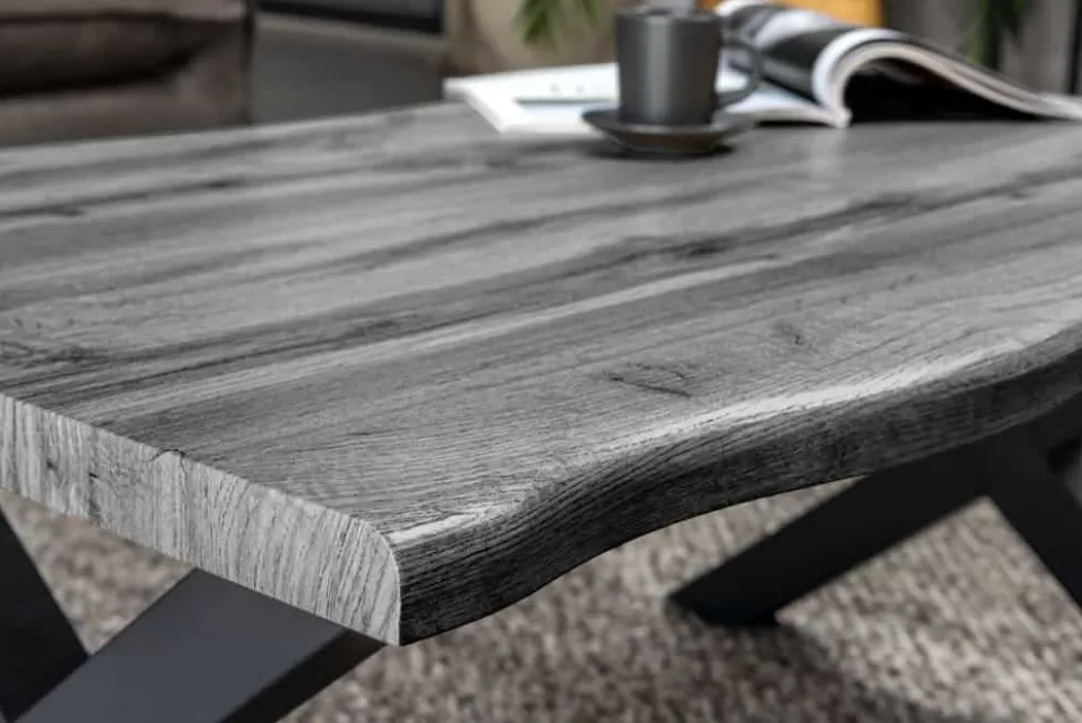 Industrial Couchtisch WILD 90cm grau Wildeichen-Design schwarz Metall Baumkante