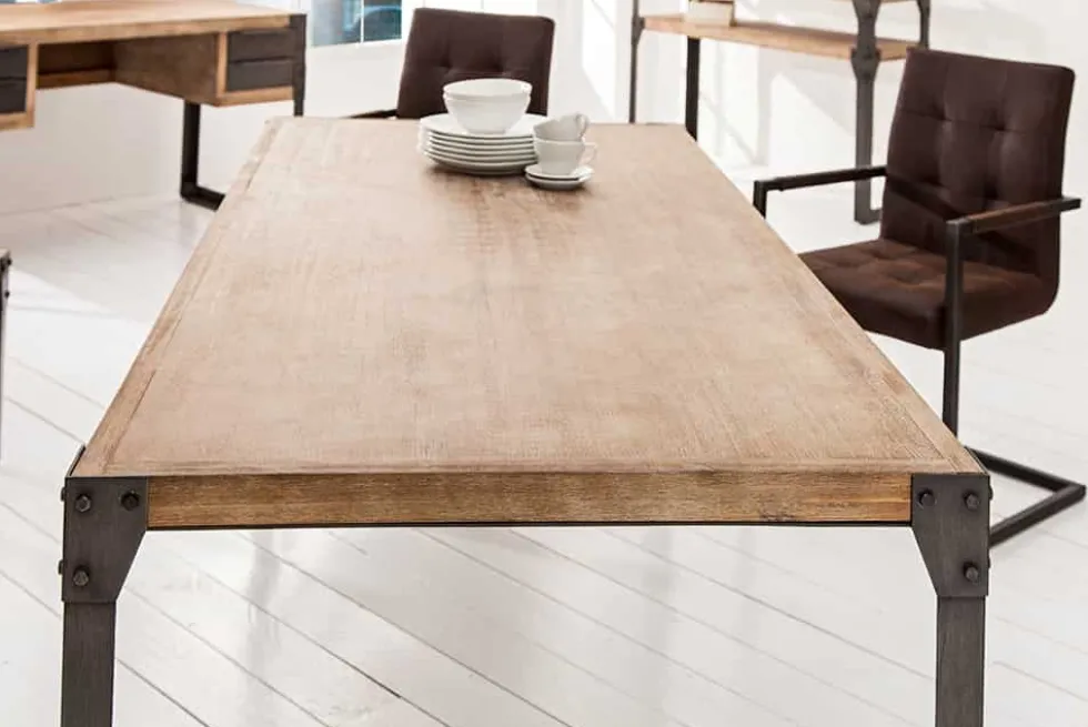 Industrial Design Esstisch FACTORY 200cm Akazie teak-grau weiß gekälkt Metallbeine Kufe
