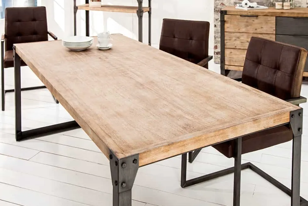 Industrial Design Esstisch FACTORY 200cm Akazie teak-grau weiß gekälkt Metallbeine Kufe