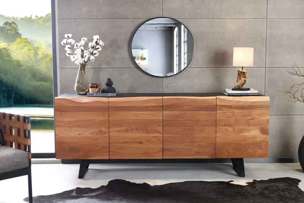 Industrial Design Sideboard ORGANIC ARTWORK 180cm Akazie Massivholz Eisengestell