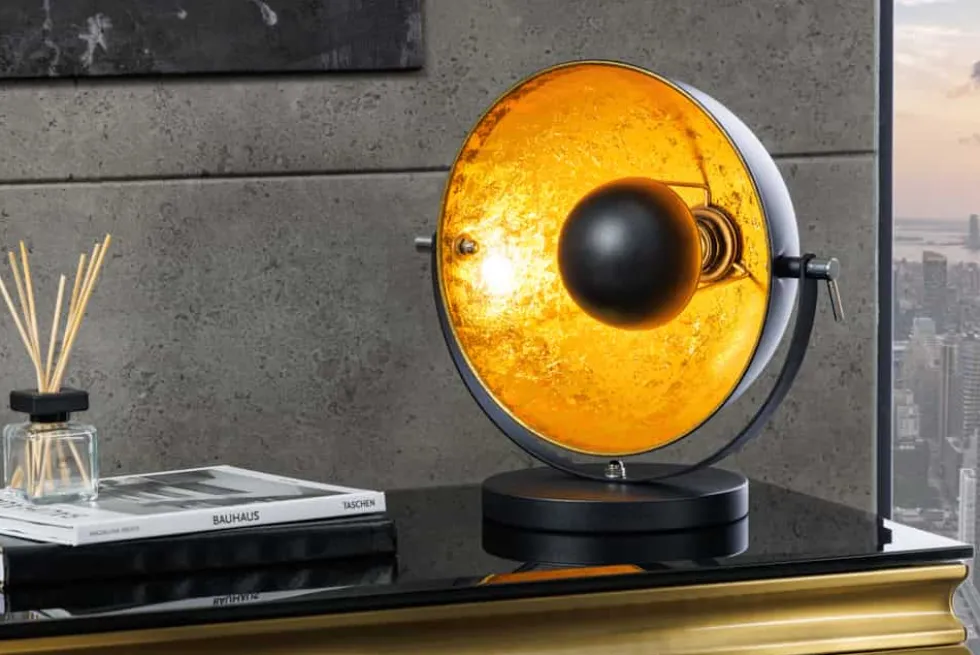 Industrial Design Tischlampe STUDIO 40cm schwarz Blattgold-Optik neigbarer Schirm