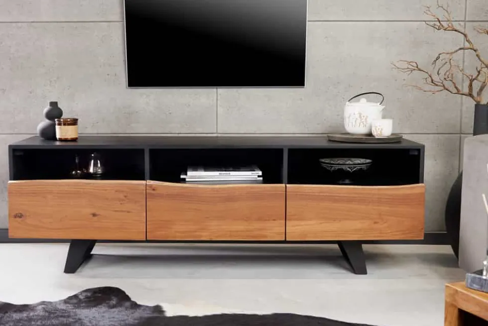 Industrial Design TV-Board ORGANIC ARTWORK 140cm Akazie Massivholz Eisengestell