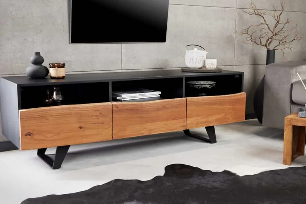 Industrial Design TV-Board ORGANIC ARTWORK 140cm Akazie Massivholz Eisengestell