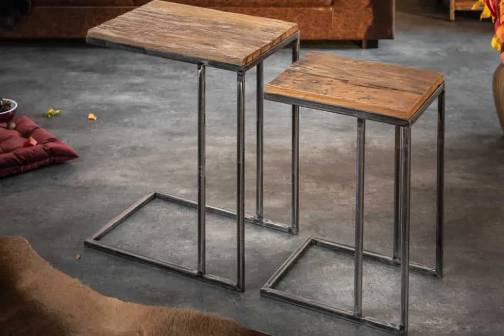 Industrial 2er Set Beistelltische BARRACUDA 45cm Salholz Massivholz geflextes Metallgestell