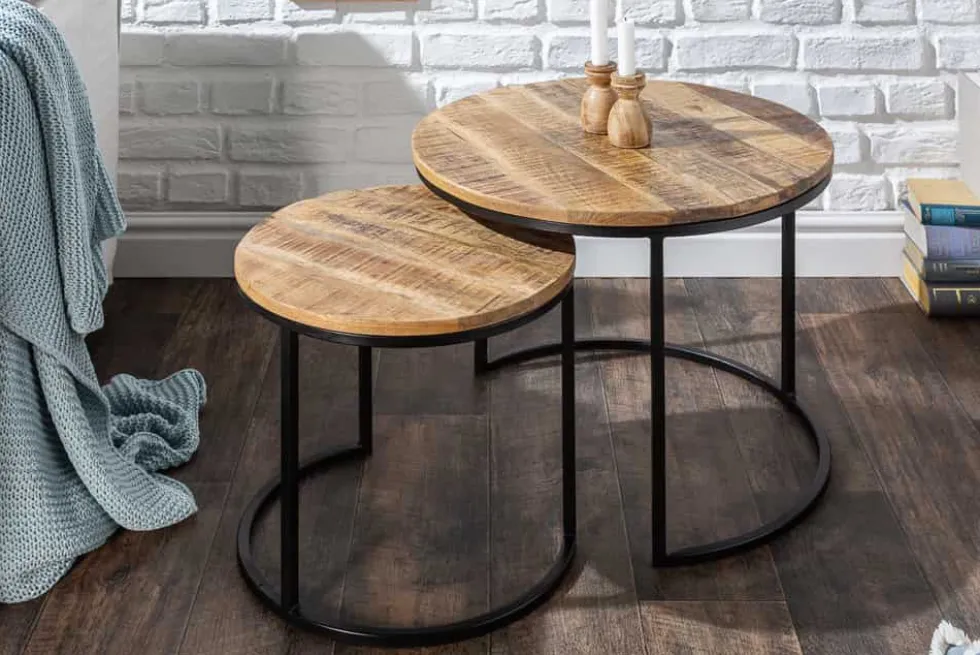 Industrial 2er Set Beistelltische ELEMENTS 60cm Mangoholz massiv rund schwarzes Metallgestell