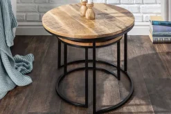 Industrial 2er Set Beistelltische ELEMENTS 60cm Mangoholz massiv rund schwarzes Metallgestell
