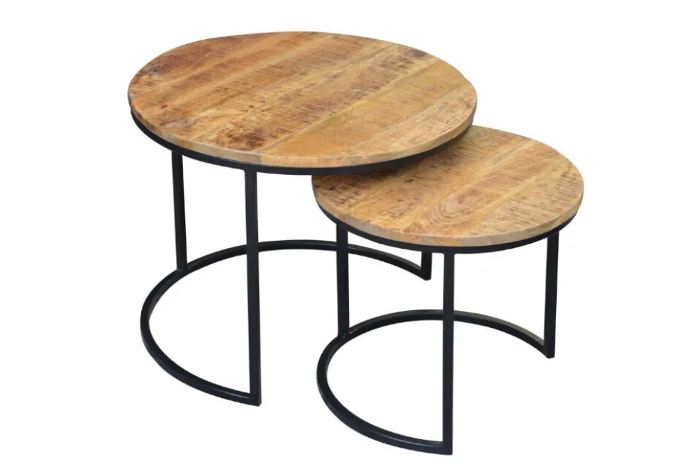 Industrial 2er Set Beistelltische ELEMENTS 60cm Mangoholz massiv rund schwarzes Metallgestell
