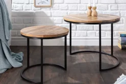 Industrial 2er Set Beistelltische ELEMENTS 60cm Mangoholz massiv rund schwarzes Metallgestell