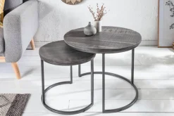 Industrial 2er Set Beistelltische ELEMENTS 60cm grau Mangoholz massiv rund schwarz Metall