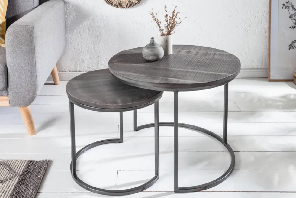 Industrial 2er Set Beistelltische ELEMENTS 60cm grau Mangoholz massiv rund schwarz Metall