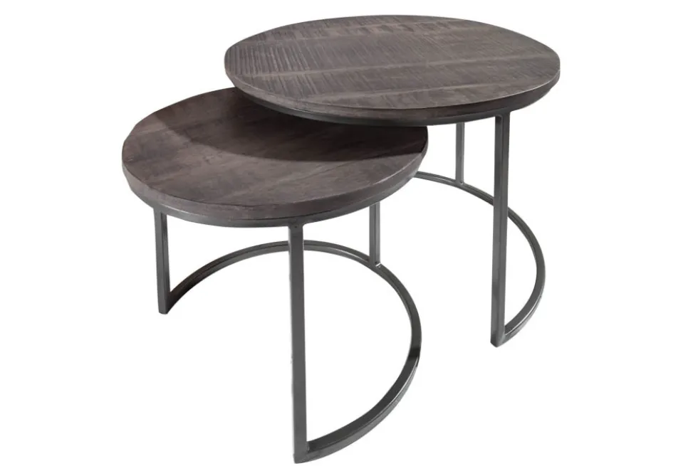Industrial 2er Set Beistelltische ELEMENTS 60cm grau Mangoholz massiv rund schwarz Metall