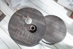 Industrial 2er Set Beistelltische ELEMENTS 60cm grau Mangoholz massiv rund schwarz Metall