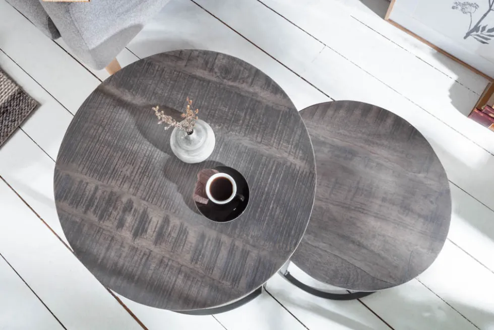 Industrial 2er Set Beistelltische ELEMENTS 60cm grau Mangoholz massiv rund schwarz Metall