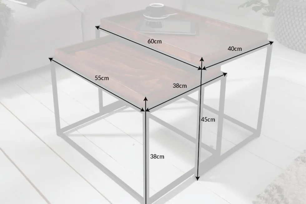 Industrial 2er Set Couchtisch ELEMENTS 60cm Mocha Buche abnehmbares Tablett