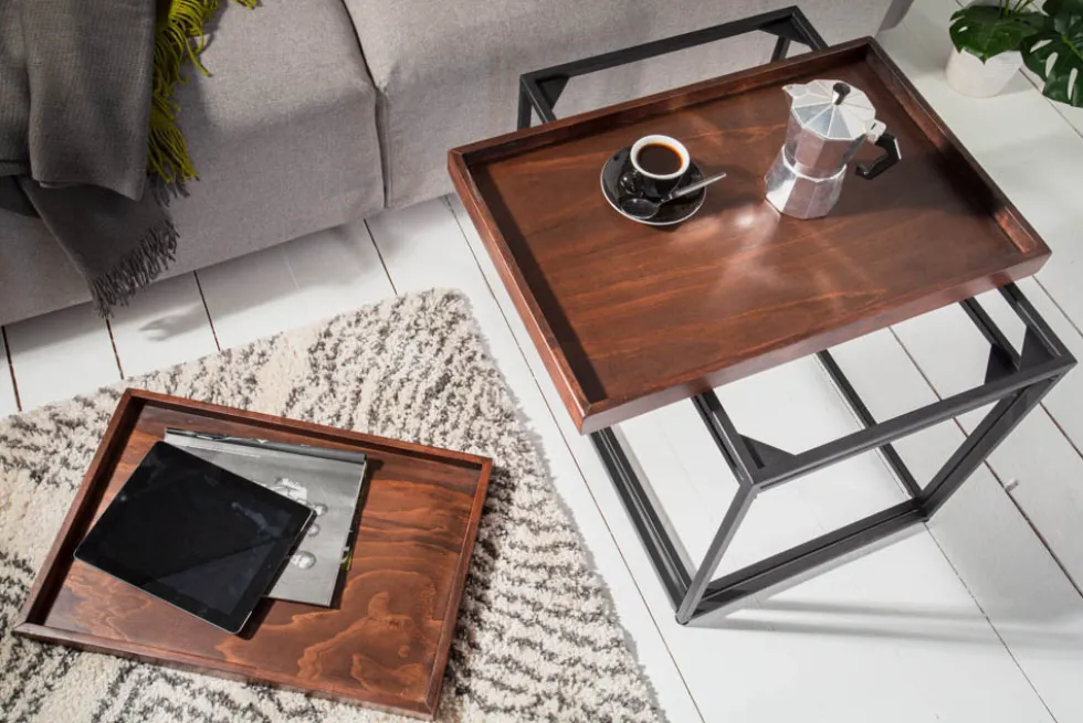 Industrial 2er Set Couchtisch ELEMENTS 60cm Mocha Buche abnehmbares Tablett