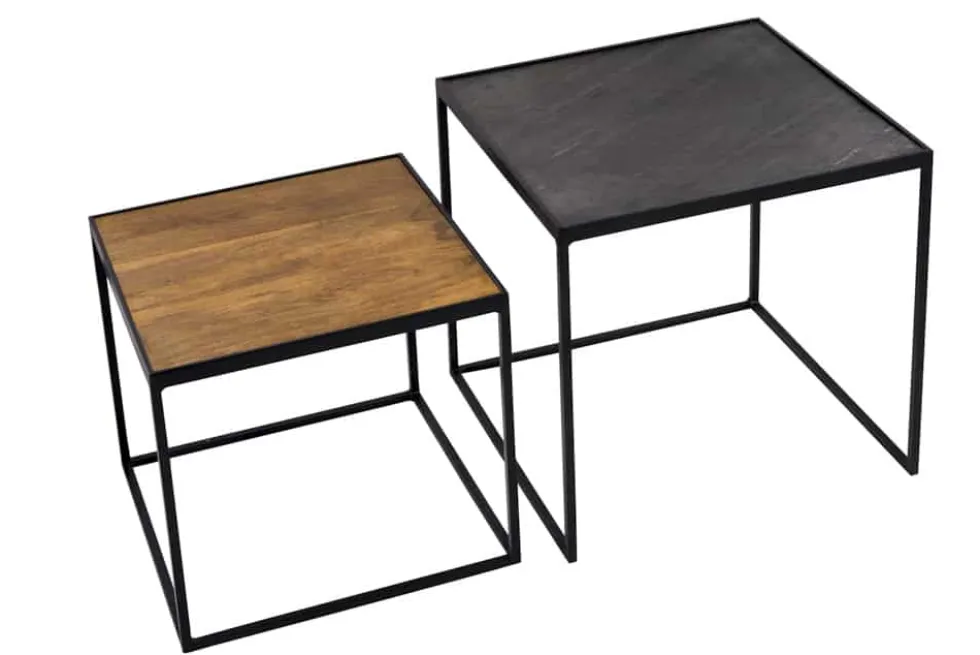 Industrial 2er-Set Couchtische FIRE & EARTH 45cm Mangoholz massiv Schiefer Metall schwarz