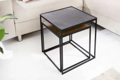 Industrial 2er-Set Couchtische FIRE & EARTH 45cm Mangoholz massiv Schiefer Metall schwarz