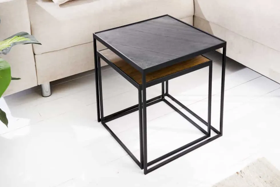 Industrial 2er-Set Couchtische FIRE & EARTH 45cm Mangoholz massiv Schiefer Metall schwarz