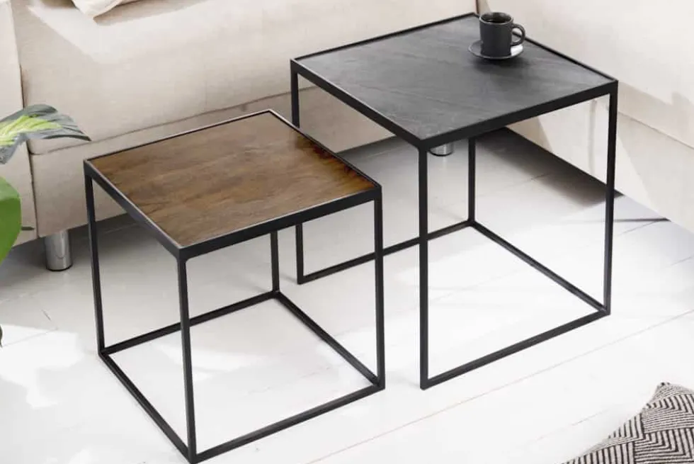 Industrial 2er-Set Couchtische FIRE & EARTH 45cm Mangoholz massiv Schiefer Metall schwarz