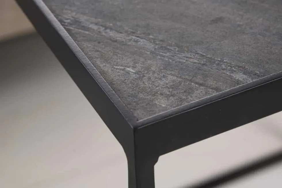 Industrial 2er-Set Couchtische FIRE & EARTH 45cm Mangoholz massiv Schiefer Metall schwarz