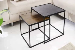 Industrial 2er-Set Couchtische FIRE & EARTH 45cm Mangoholz massiv Schiefer Metall schwarz