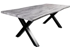 Industrial Esstisch WILD 180cm grau gekälkt Wildeiche-Design Baumkante schwarz X-Gestell