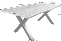 Industrial Esstisch WILD 180cm grau gekälkt Wildeiche-Design Baumkante schwarz X-Gestell