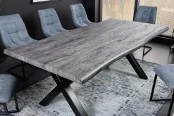 Industrial Esstisch WILD 180cm grau gekälkt Wildeiche-Design Baumkante schwarz X-Gestell