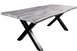 Industrial Esstisch WILD 160cm grau gekälkt Wildeiche-Design Baumkante schwarz X-Gestell