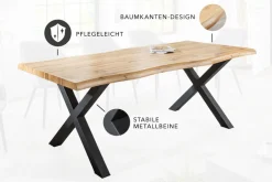 Industrial Esstisch WILD 180cm braun Wildeiche-Design Baumkante schwarz X-Gestell