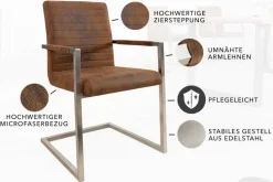 Industrial Freischwinger Stuhl LOFT vintage braun Microfaser mit Armlehne Edelstahl