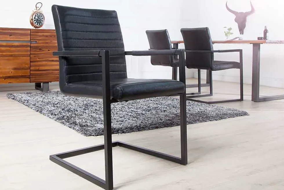 Industrial Freischwinger Stuhl LOFT antik schwarz Kunstleder mit Armlehne Eisengestell