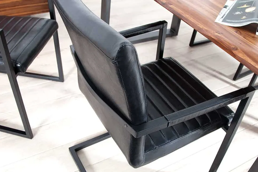 Industrial Freischwinger Stuhl LOFT antik schwarz Kunstleder mit Armlehne Eisengestell