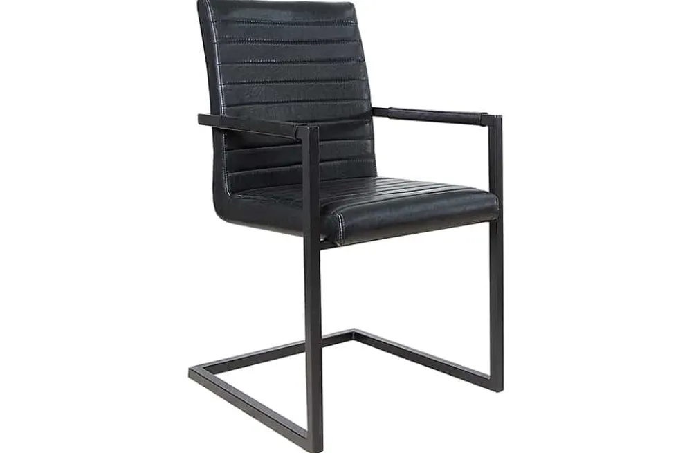 Industrial Freischwinger Stuhl LOFT antik schwarz Kunstleder mit Armlehne Eisengestell