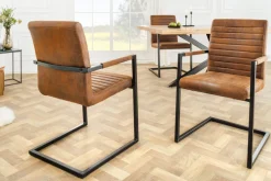 Industrial Freischwinger Stuhl LOFT vintage braun Microfaser mit Armlehne Eisengestell