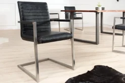 Industrial Freischwinger Stuhl LOFT antik schwarz Kunstleder mit Armlehne Edelstahl