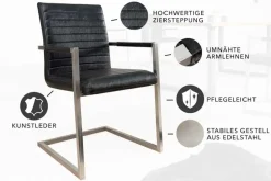 Industrial Freischwinger Stuhl LOFT antik schwarz Kunstleder mit Armlehne Edelstahl