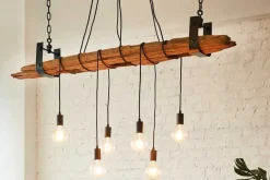 Industrial Hängelampe BARRACUDA 152cm recyceltes Massivholz mit 5 Leuchten