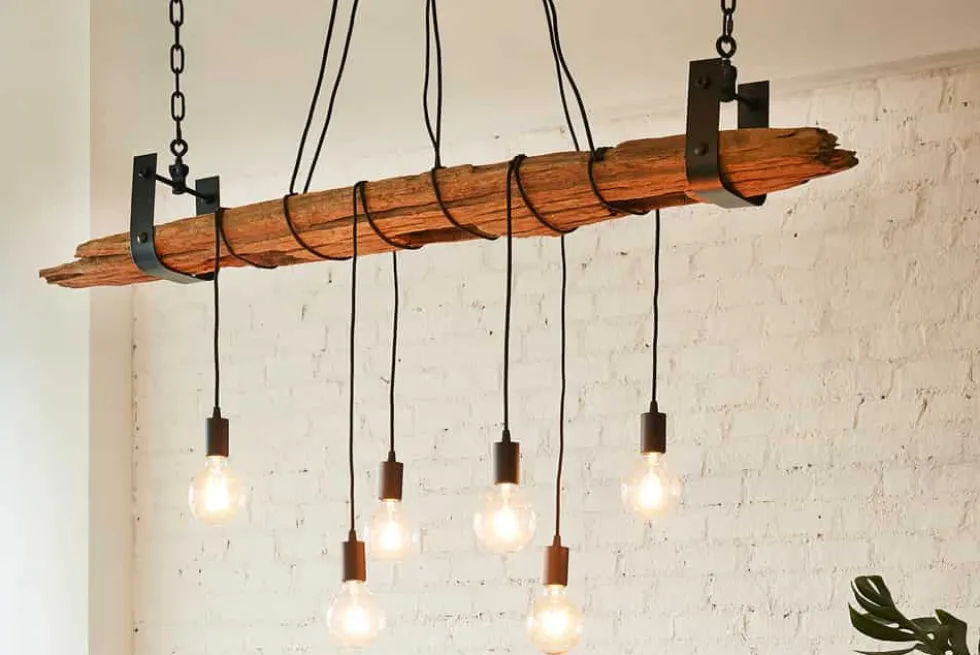 Industrial Hängelampe BARRACUDA 152cm recyceltes Massivholz mit 5 Leuchten