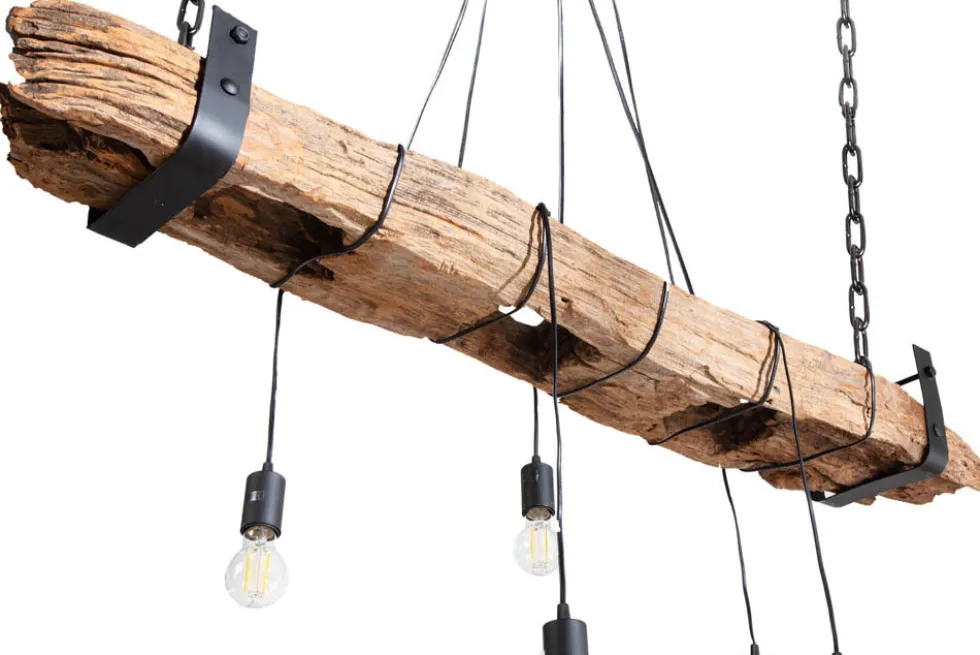 Industrial Hängelampe BARRACUDA 152cm recyceltes Massivholz mit 5 Leuchten