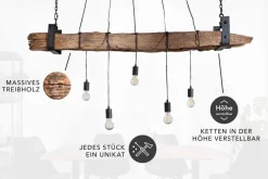 Industrial Hängelampe BARRACUDA 152cm recyceltes Massivholz mit 5 Leuchten