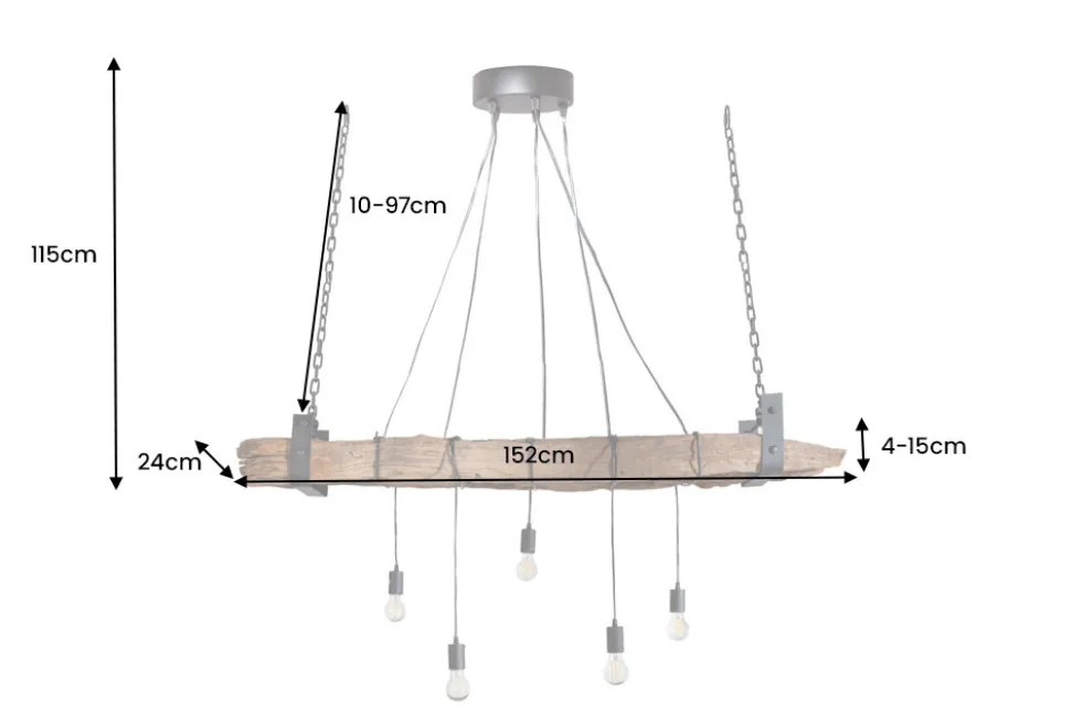 Industrial Hängelampe BARRACUDA 152cm recyceltes Massivholz mit 5 Leuchten