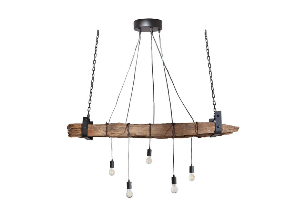 Industrial Hängelampe BARRACUDA 152cm recyceltes Massivholz mit 5 Leuchten