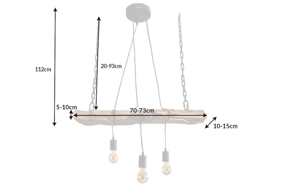 Industrial Hängelampe BARRACUDA 70cm recyceltes Massivholz mit 3 Leuchten