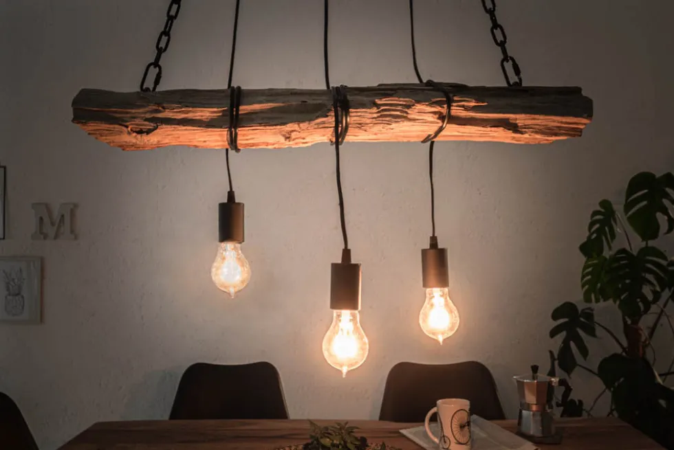 Industrial Hängelampe BARRACUDA 70cm recyceltes Massivholz mit 3 Leuchten