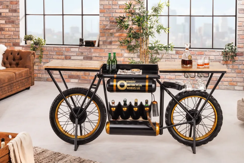 Industrial Konsolentisch MOTORCYCLE 185cm Mangoholz schwarz Motorrad Bartheke Upcycling