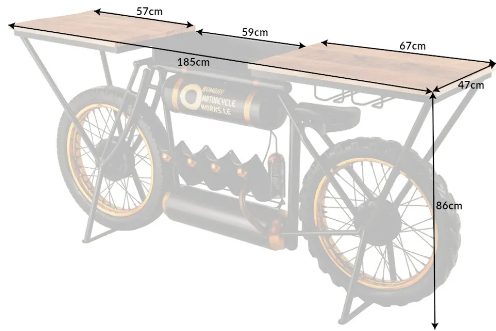 Industrial Konsolentisch MOTORCYCLE 185cm Mangoholz schwarz Motorrad Bartheke Upcycling