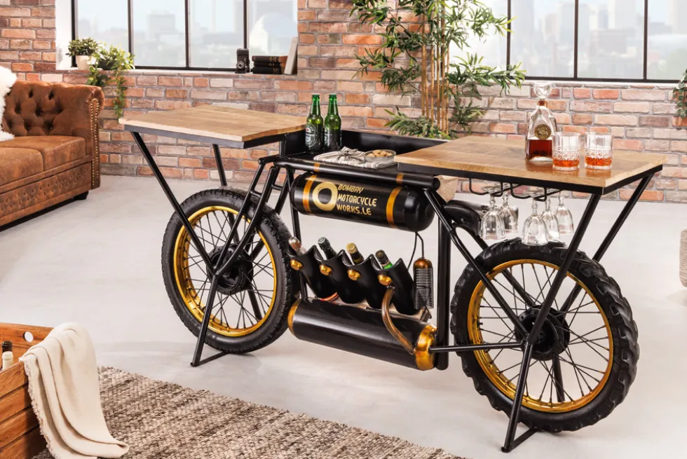 Industrial Konsolentisch MOTORCYCLE 185cm Mangoholz schwarz Motorrad Bartheke Upcycling