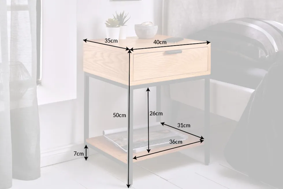 Industrial Nachttisch ELEMENTS 40cm Eiche Beistelltisch mit Schublade
